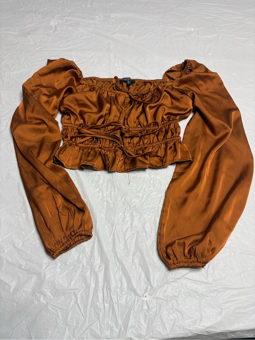 Womens Satin Blouse in Rust Orange - Elegant Long Sleeve Top